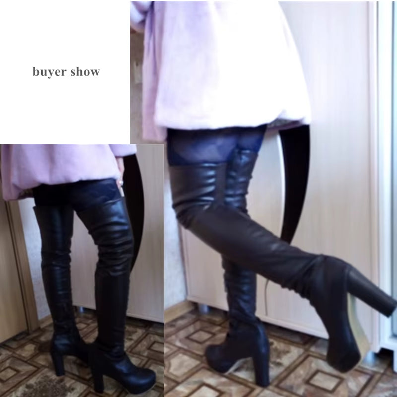 Black Women'S Thigh High Boots Platform Sexy Soft Stretch Over-The-Knee Boot High Heels Designer Long Shoes Lady Large Size 48
