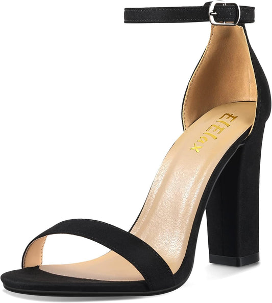 Women'S 4 Inches Block High Heels Sandal, Nude Black Silver, Ankle Strap, Open Toe, for Wedding, Party, Prom
