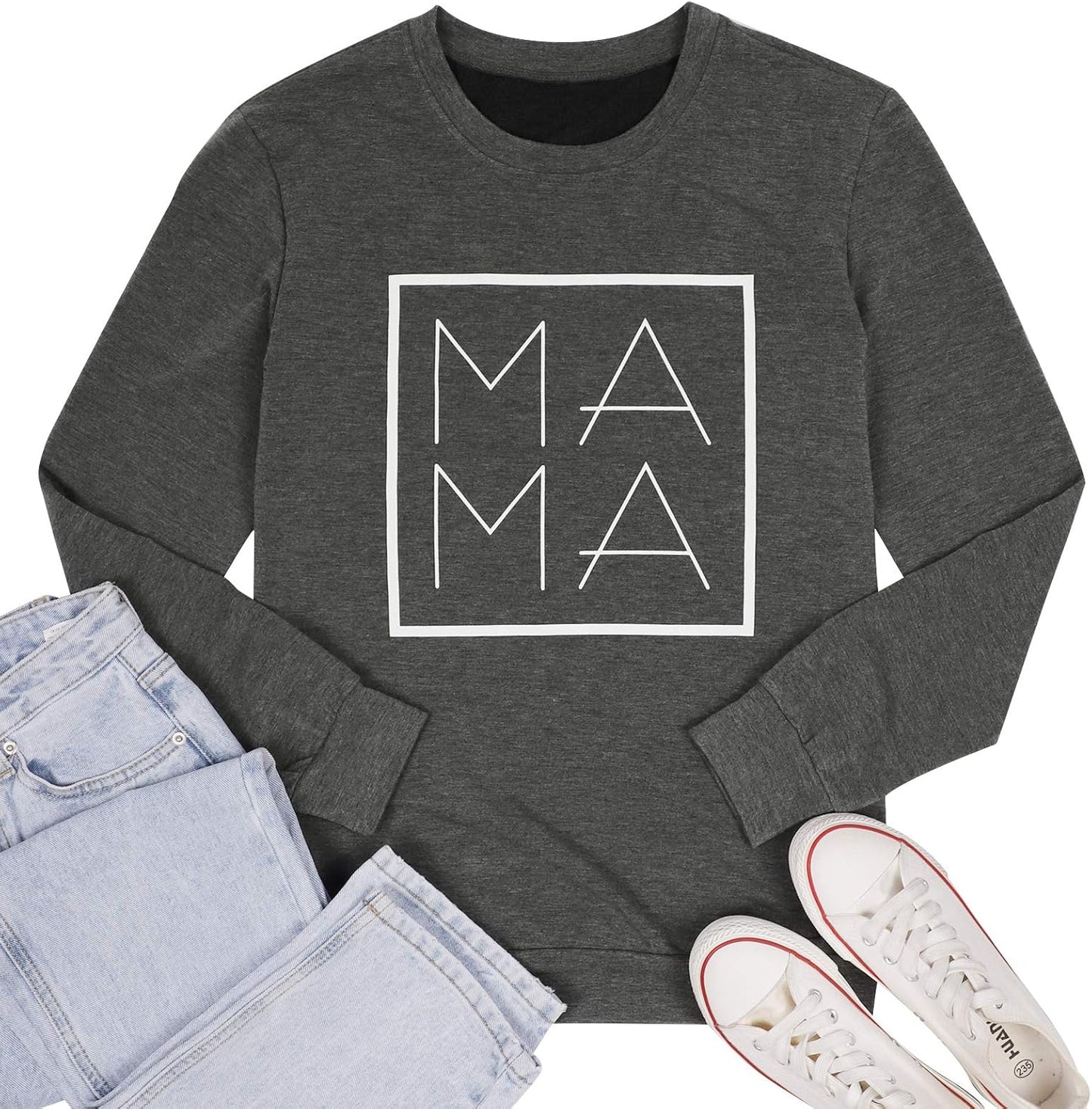Mama Sweatshirt Women Mama Letter Print Graphic T Shirt Long Sleeve Casual Fashion Pullover Tops Dark Grey