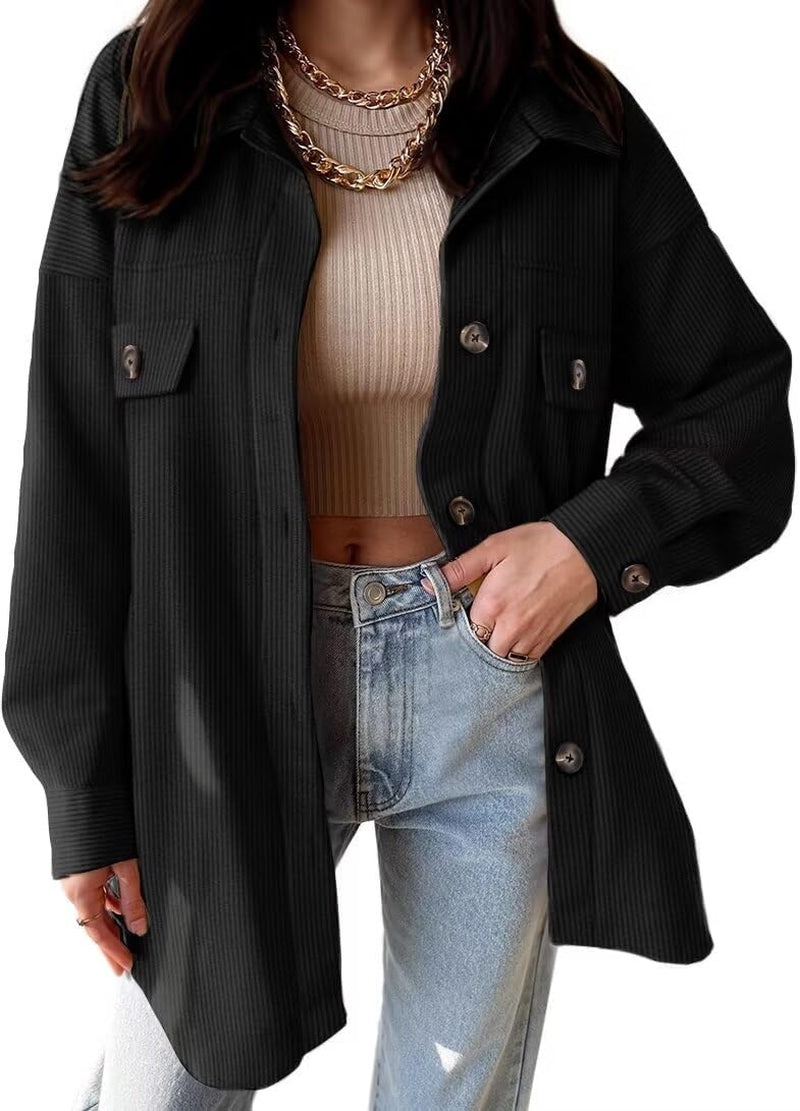 Womens Corduroy Shacket Blouses Button down Shirts Pocket Long Sleeves Tops Jacket Coats