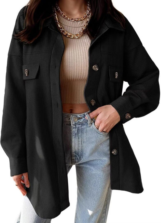 Womens Corduroy Shacket Blouses Button down Shirts Pocket Long Sleeves Tops Jacket Coats