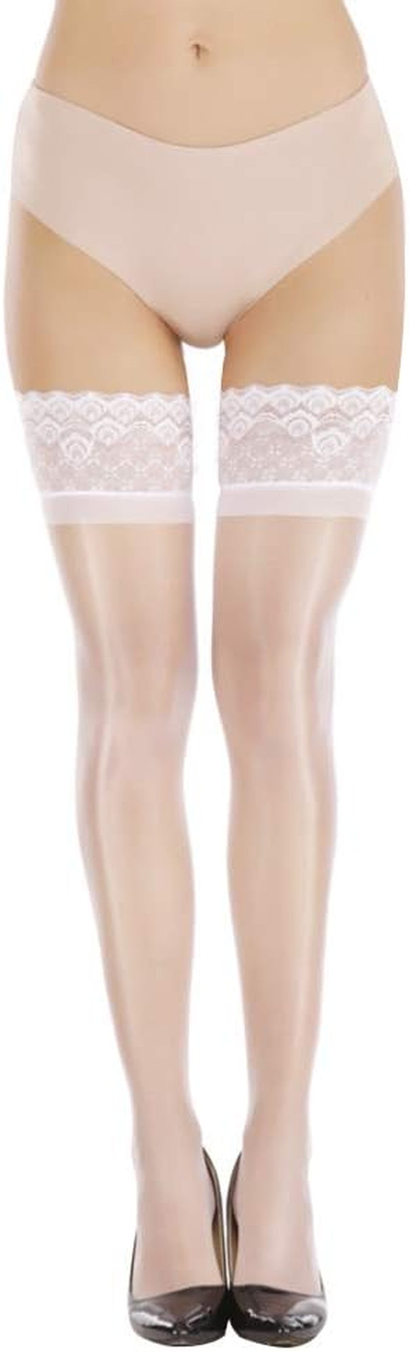 Nylon Shiny Thigh High Stockings,Sheer Shimmery Tights with Lace Top,Hold up Silk Pantyhose for Women