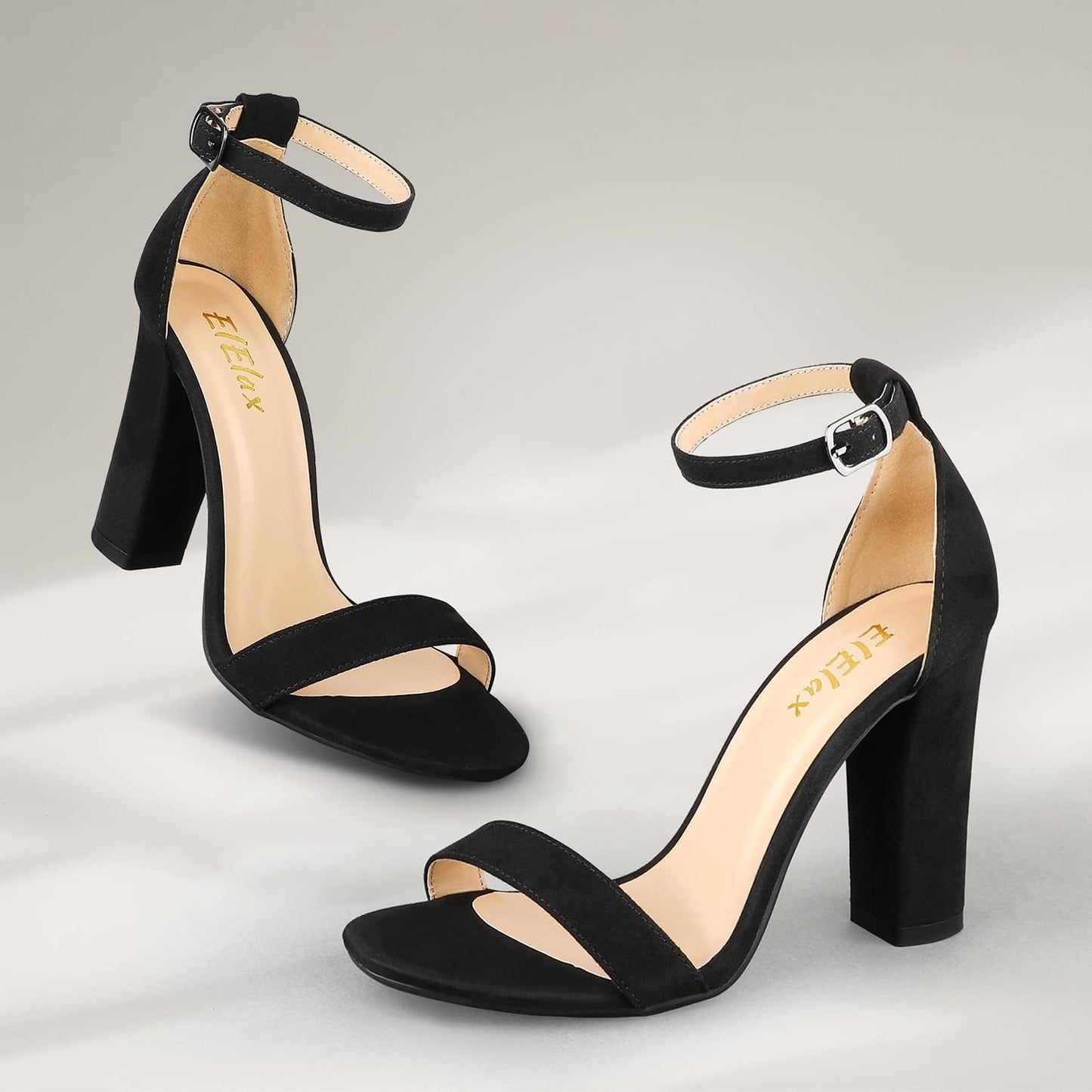 Women'S 4 Inches Block High Heels Sandal, Nude Black Silver, Ankle Strap, Open Toe, for Wedding, Party, Prom