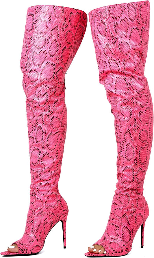 Toxic Faux Snake Thigh High over the Knee Boots, Pink Peep Toe Stiletto Heel, Fashion Dress Boots for Women - Pink Size 6.5