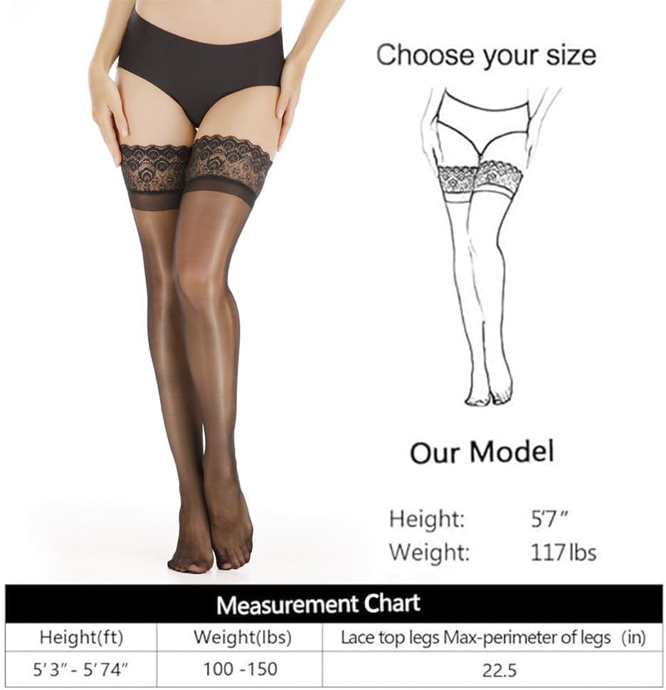 Nylon Shiny Thigh High Stockings,Sheer Shimmery Tights with Lace Top,Hold up Silk Pantyhose for Women