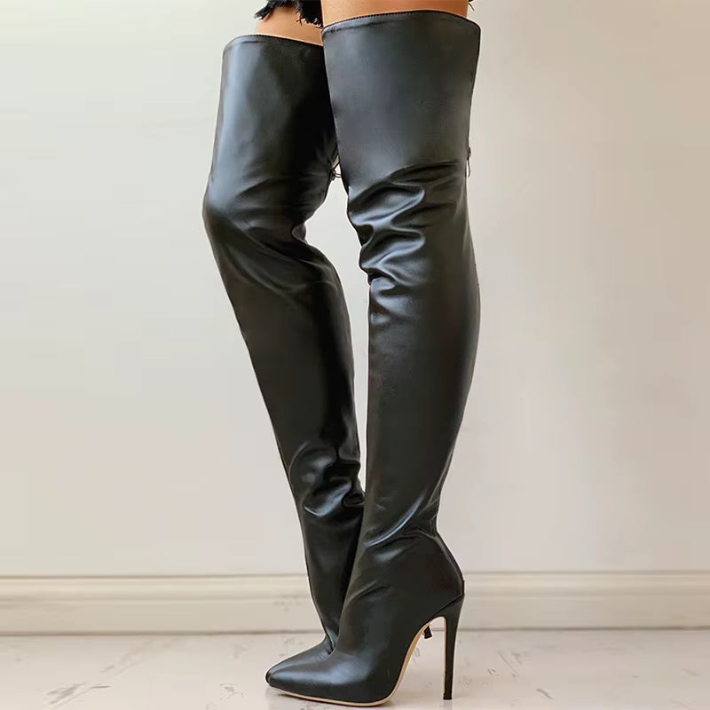 High Heels Red Women over the Knee Boots with Back Zip Pointed Toe Big Size 46 Stiletto Thigh High Boots Lady Shoes