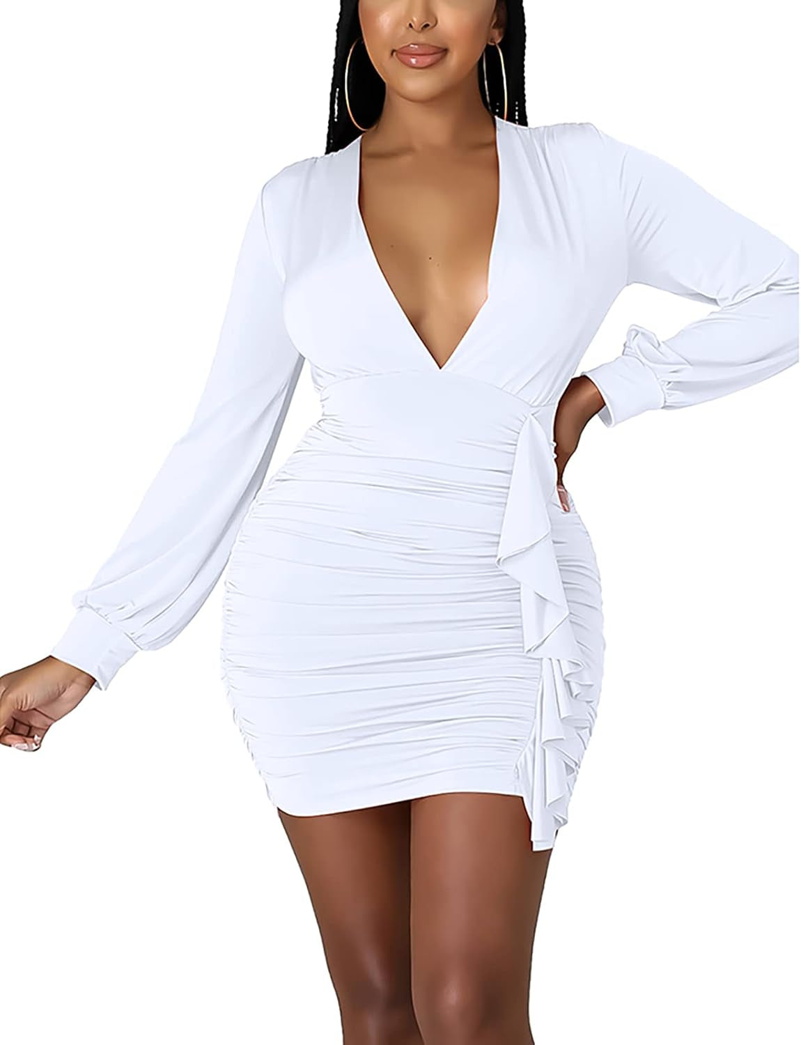 Womens Sexy Elegant V Neck Long Sleeve Lantern Puff Sleeve Spring Fall Ruched Ruffle Bandage Bodycon Club Party Night Short Mini Dresses (8110-White,Xl)