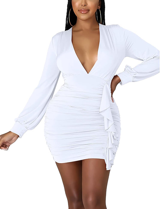 Womens Sexy Elegant V Neck Long Sleeve Lantern Puff Sleeve Spring Fall Ruched Ruffle Bandage Bodycon Club Party Night Short Mini Dresses (8110-White,Xl)