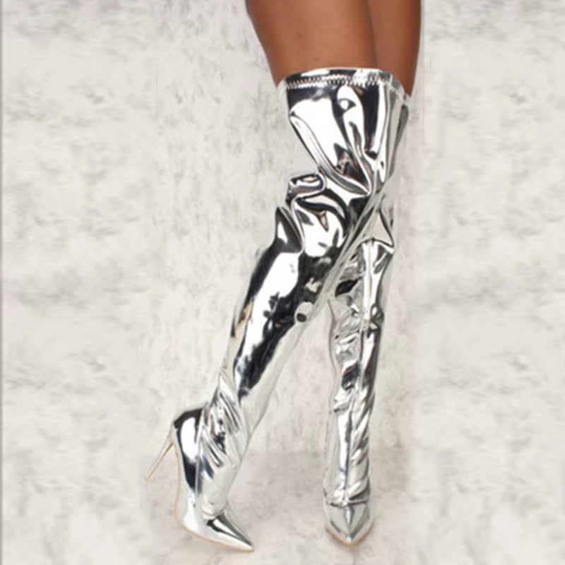 Women Sexy Silver Mirror Thigh High Boots T Show Pointy Toe Club Party Shoes Thin High Heels over the Knee Long Boots for Women
