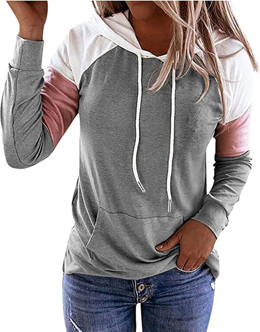 Women'S Fall Hoodies Tops, Fashion Color Block Vintage Casual Long Sleeve Drawstring Pullover Sweatshirt for Ladies