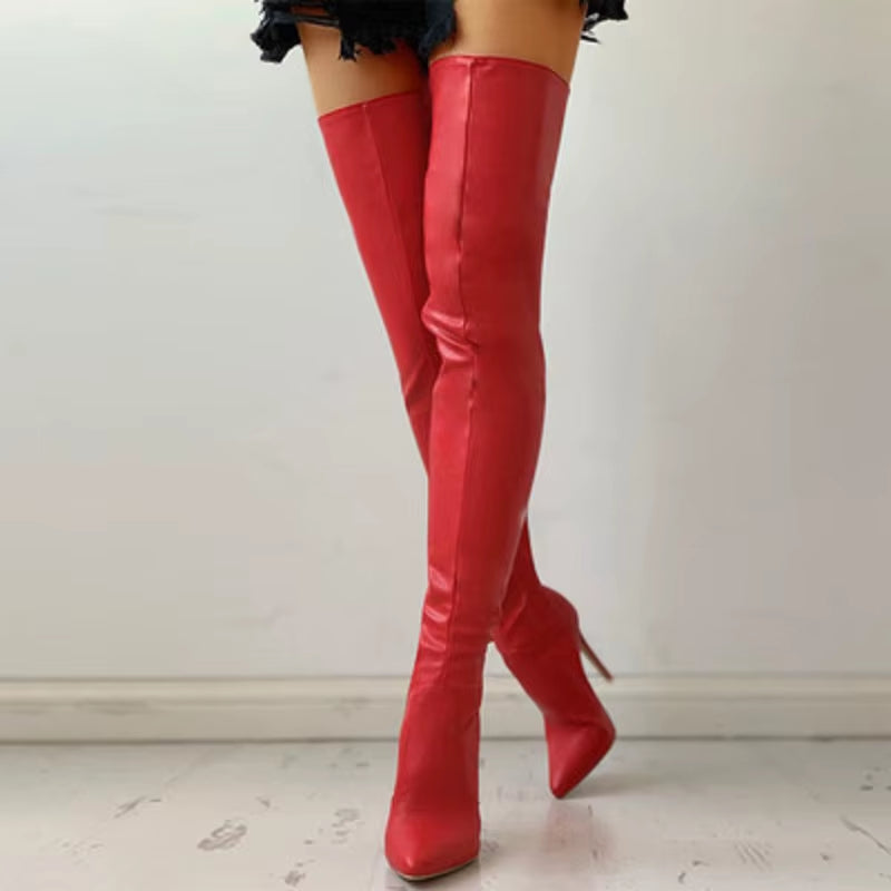 High Heels Red Women over the Knee Boots with Back Zip Pointed Toe Big Size 46 Stiletto Thigh High Boots Lady Shoes
