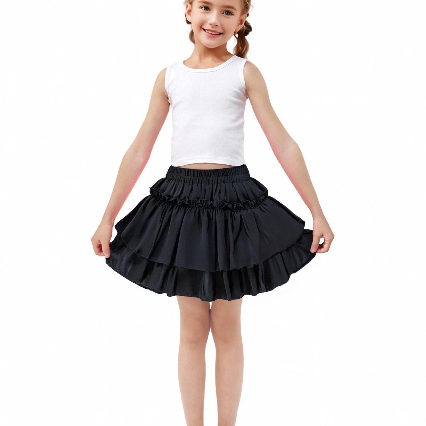 Mini Skirts for Girls, Solid Color Ruffle Tiered Elastic Waist Casual Short Cute Skirt Skater Skirt for Women Black 5Y