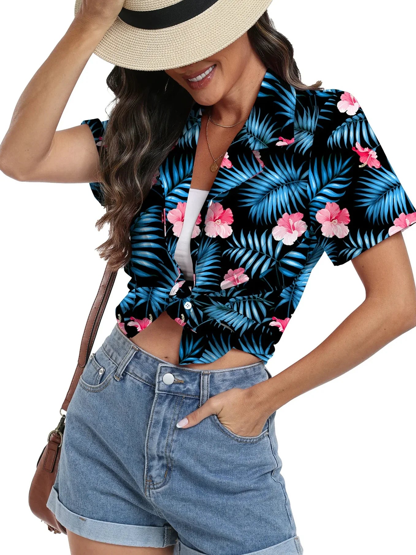 Women'S Hawaiian Floral Shirts Short Sleeve Button down Shirts Soft Cool Floral Tropical Holiday Beach Shirts V Neck Summer Beach Tops T-Shirt,S Green Leaf Black