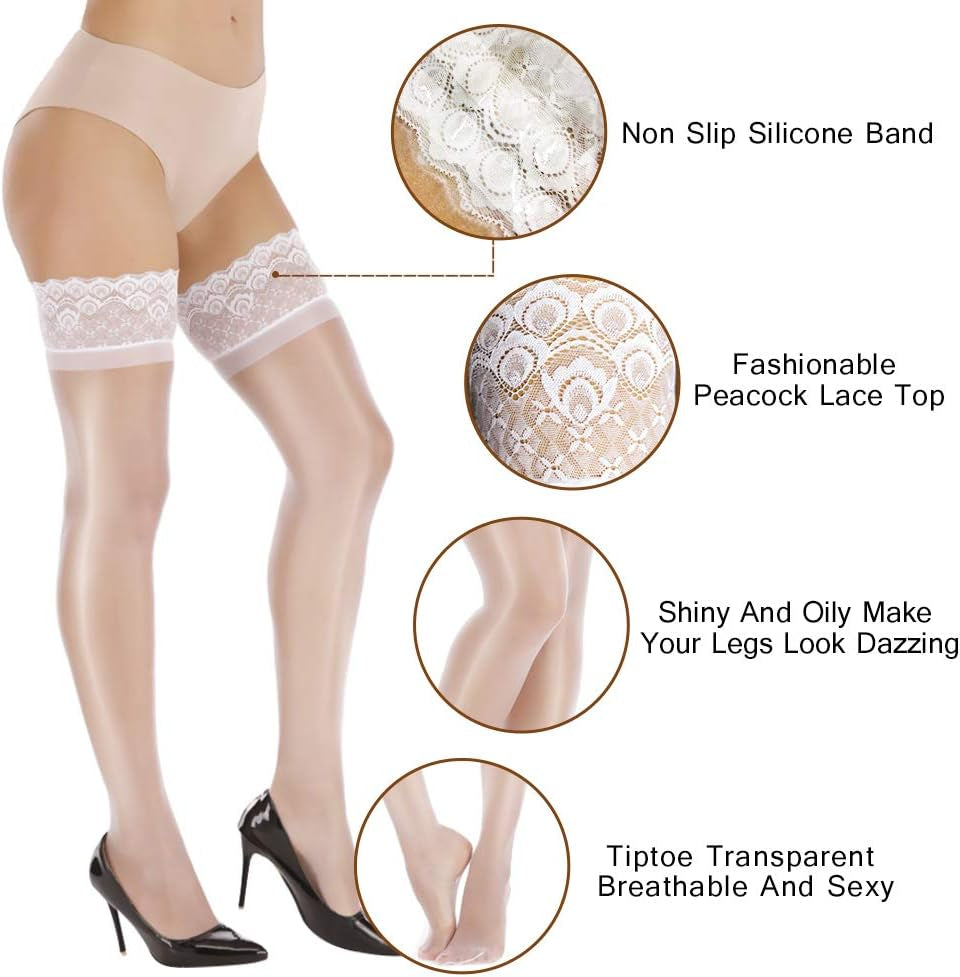 Nylon Shiny Thigh High Stockings,Sheer Shimmery Tights with Lace Top,Hold up Silk Pantyhose for Women