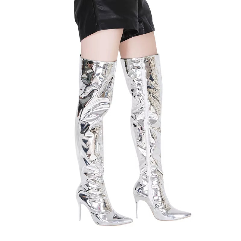 Women Sexy Silver Mirror Thigh High Boots T Show Pointy Toe Club Party Shoes Thin High Heels over the Knee Long Boots for Women
