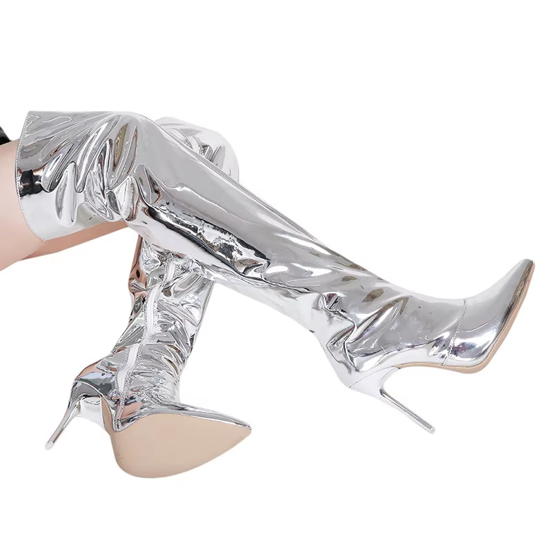 Women Sexy Silver Mirror Thigh High Boots T Show Pointy Toe Club Party Shoes Thin High Heels over the Knee Long Boots for Women