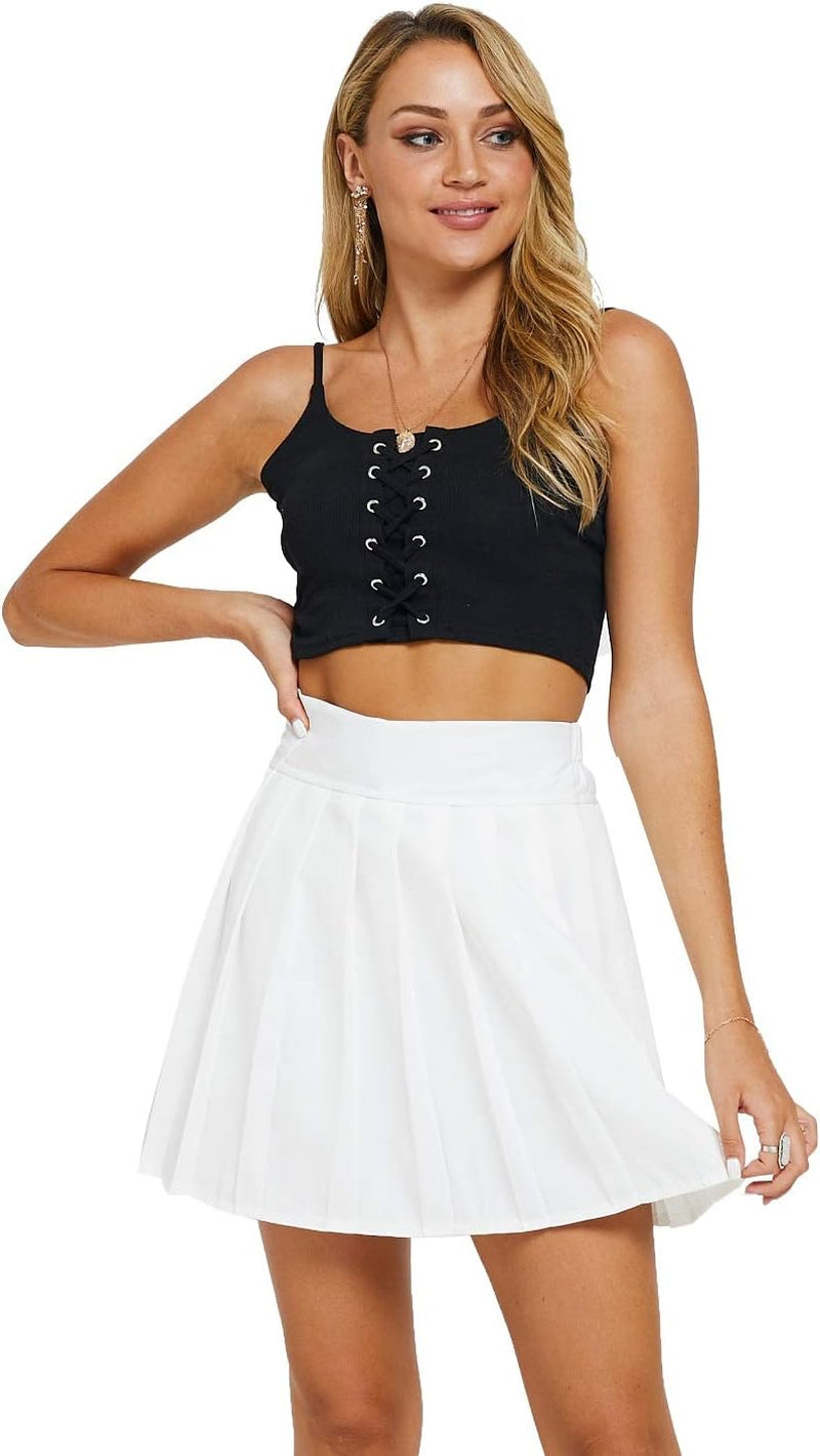 Womens High Waisted Skater Skirt Pleated A-Line Skirt (XL/US 10, White)