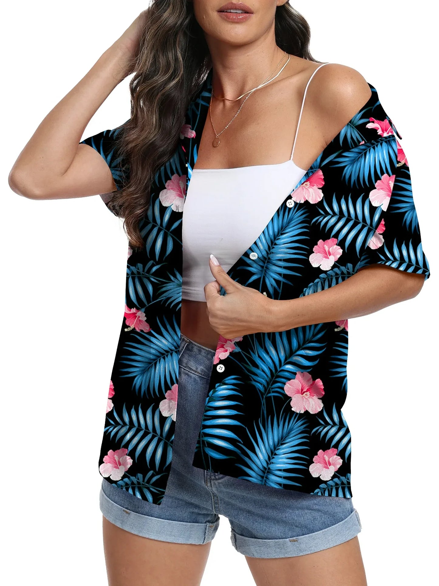 Women'S Hawaiian Floral Shirts Short Sleeve Button down Shirts Soft Cool Floral Tropical Holiday Beach Shirts V Neck Summer Beach Tops T-Shirt,S Green Leaf Black