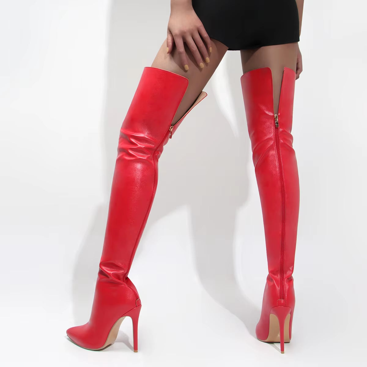 High Heels Red Women over the Knee Boots with Back Zip Pointed Toe Big Size 46 Stiletto Thigh High Boots Lady Shoes