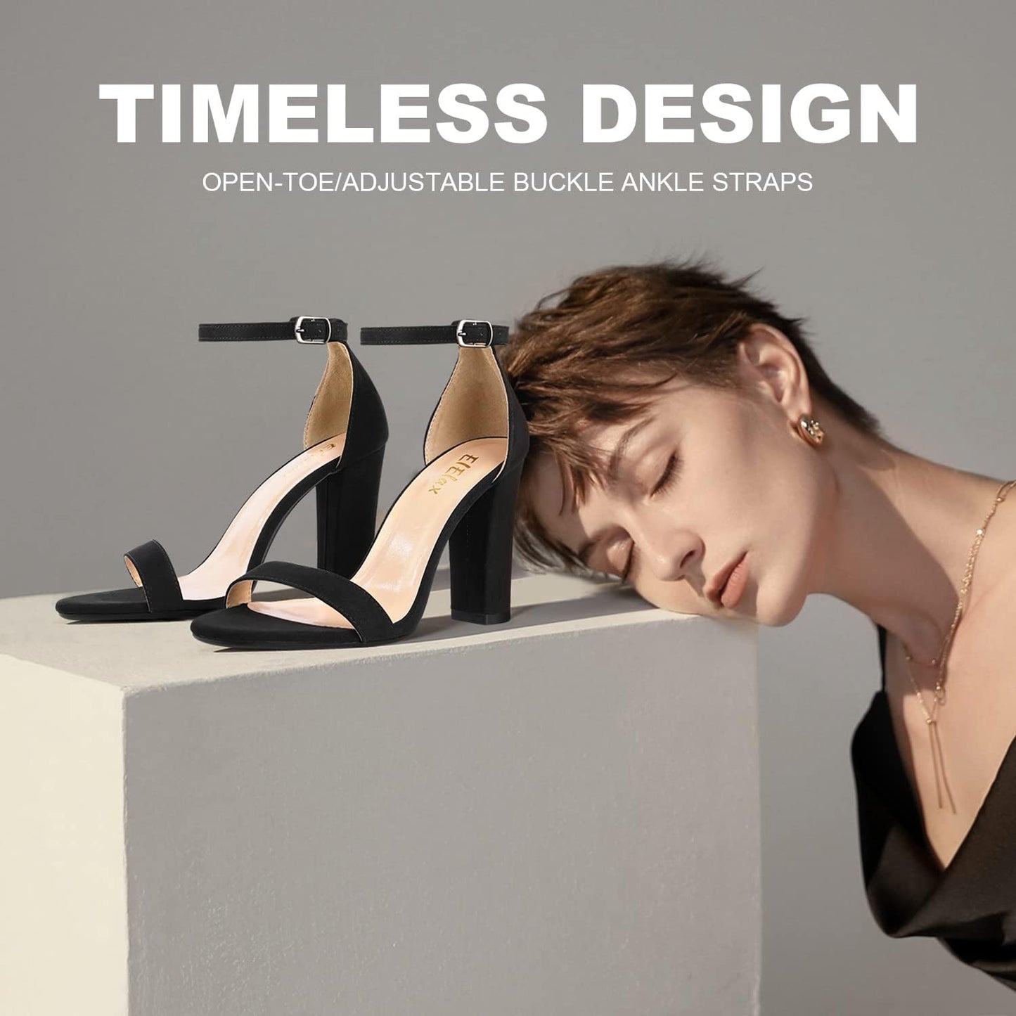 Women'S 4 Inches Block High Heels Sandal, Nude Black Silver, Ankle Strap, Open Toe, for Wedding, Party, Prom