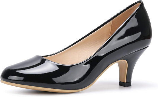 Women'S Low Kitten Heels round Toe Slip on Comfort Dress Shoes Pumps Patent Leather Black 11