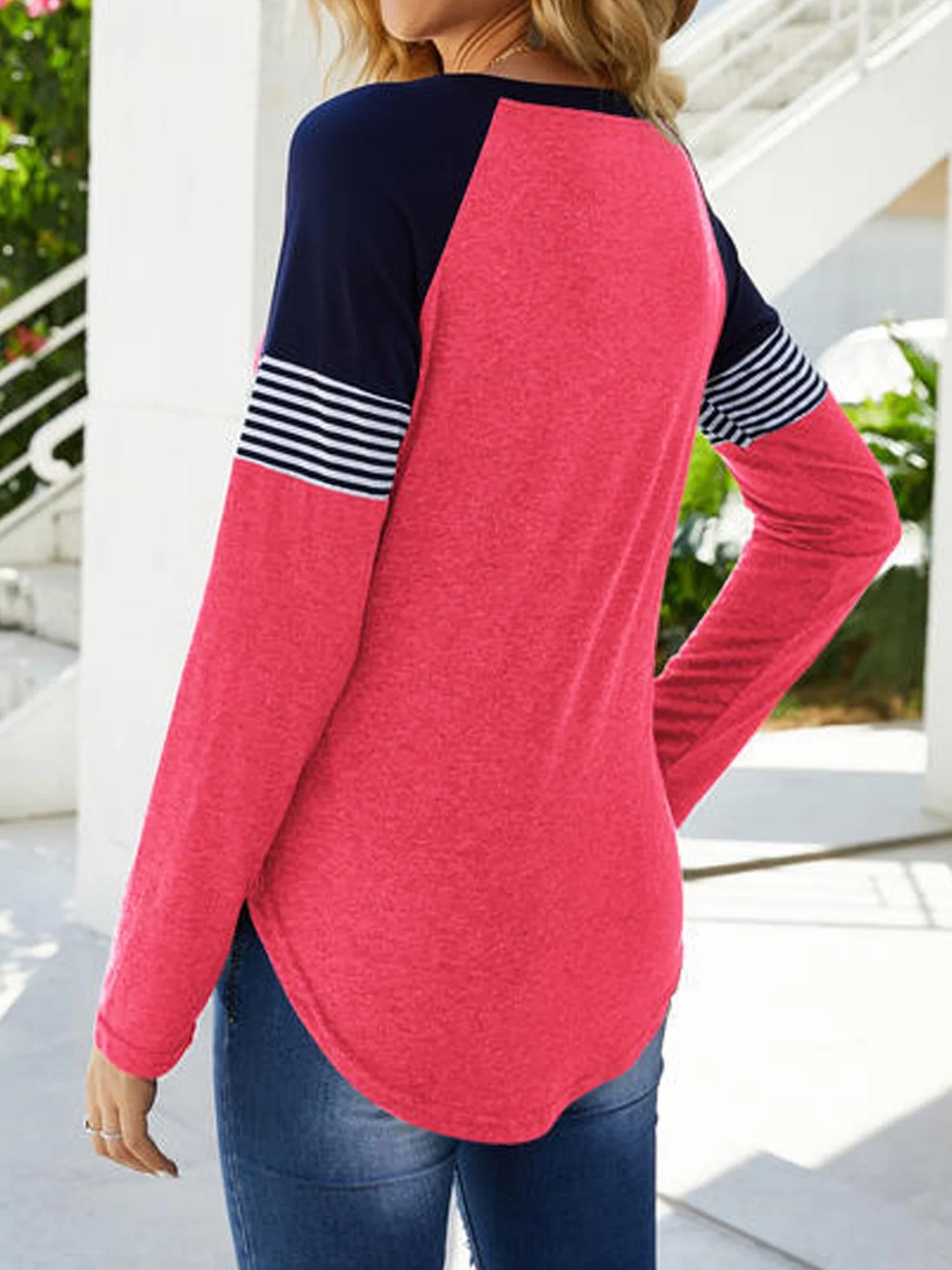 Womens Tops Long Sleeve T Shirts Casual Fall Clothing Fashion Crew Neck Striped Shirt Tunic Tops Color Block Top Blouses Pink S