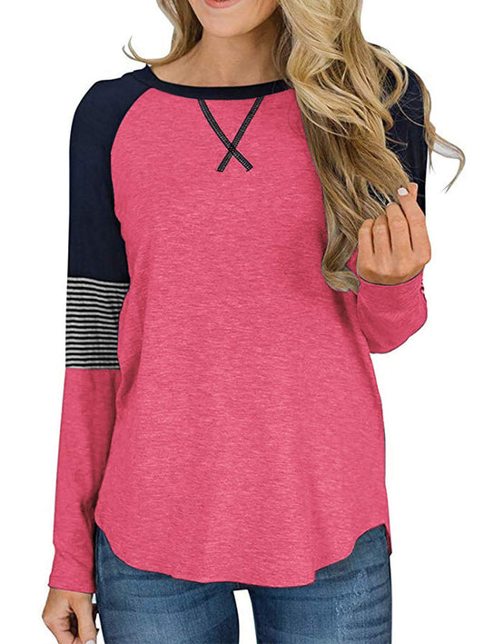 Womens Tops Long Sleeve T Shirts Casual Fall Clothing Fashion Crew Neck Striped Shirt Tunic Tops Color Block Top Blouses Pink S