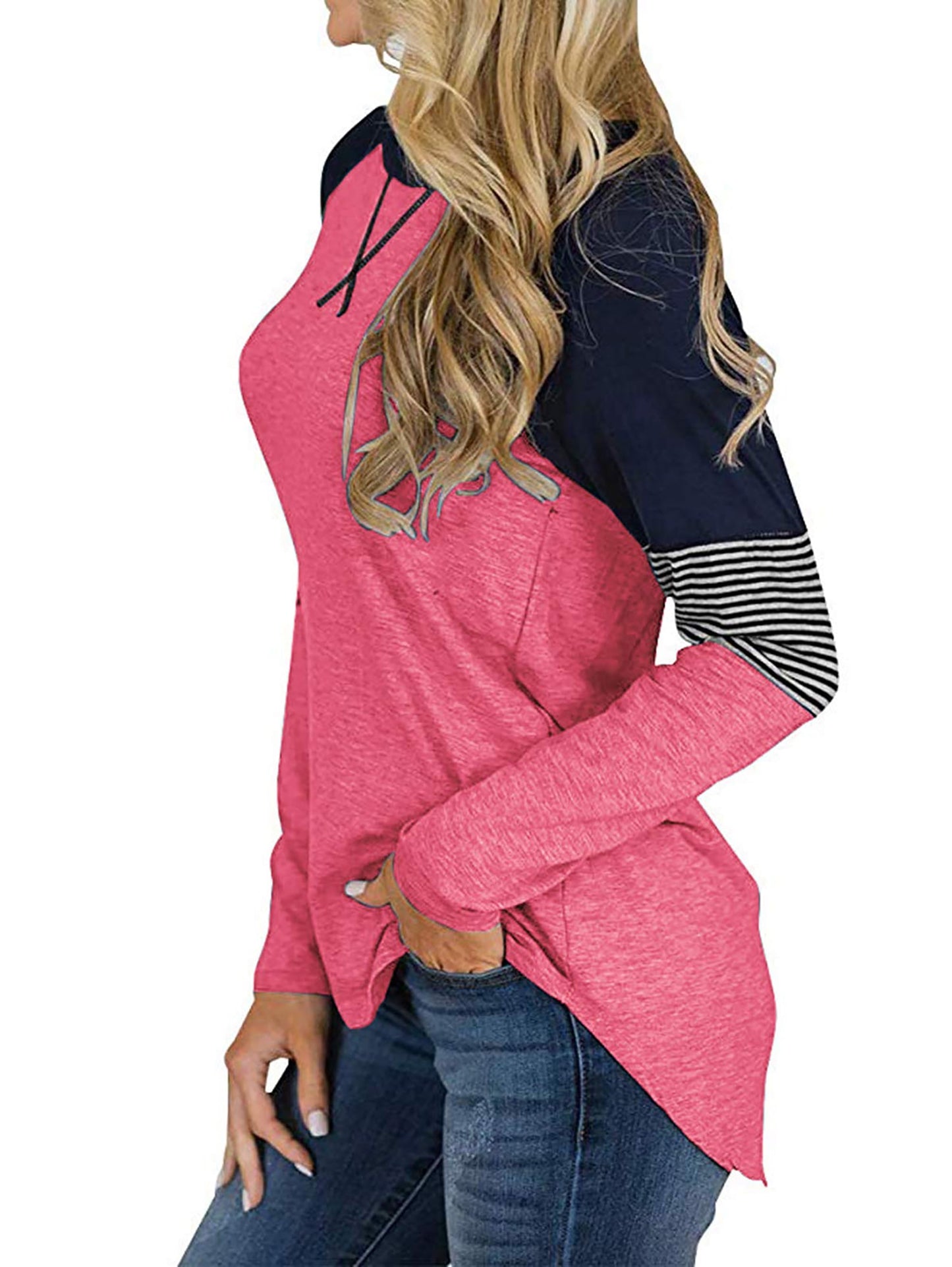 Womens Tops Long Sleeve T Shirts Casual Fall Clothing Fashion Crew Neck Striped Shirt Tunic Tops Color Block Top Blouses Pink S