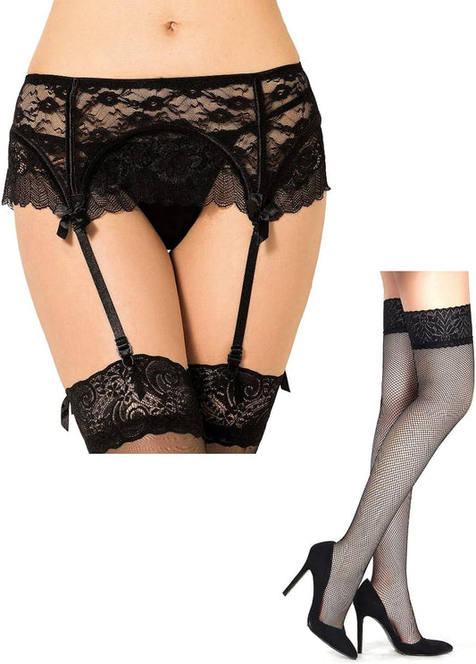 Eyelash Lace Garter Belts with G-String for Thigh Highs plus Size Black Garter Lingerie for Women