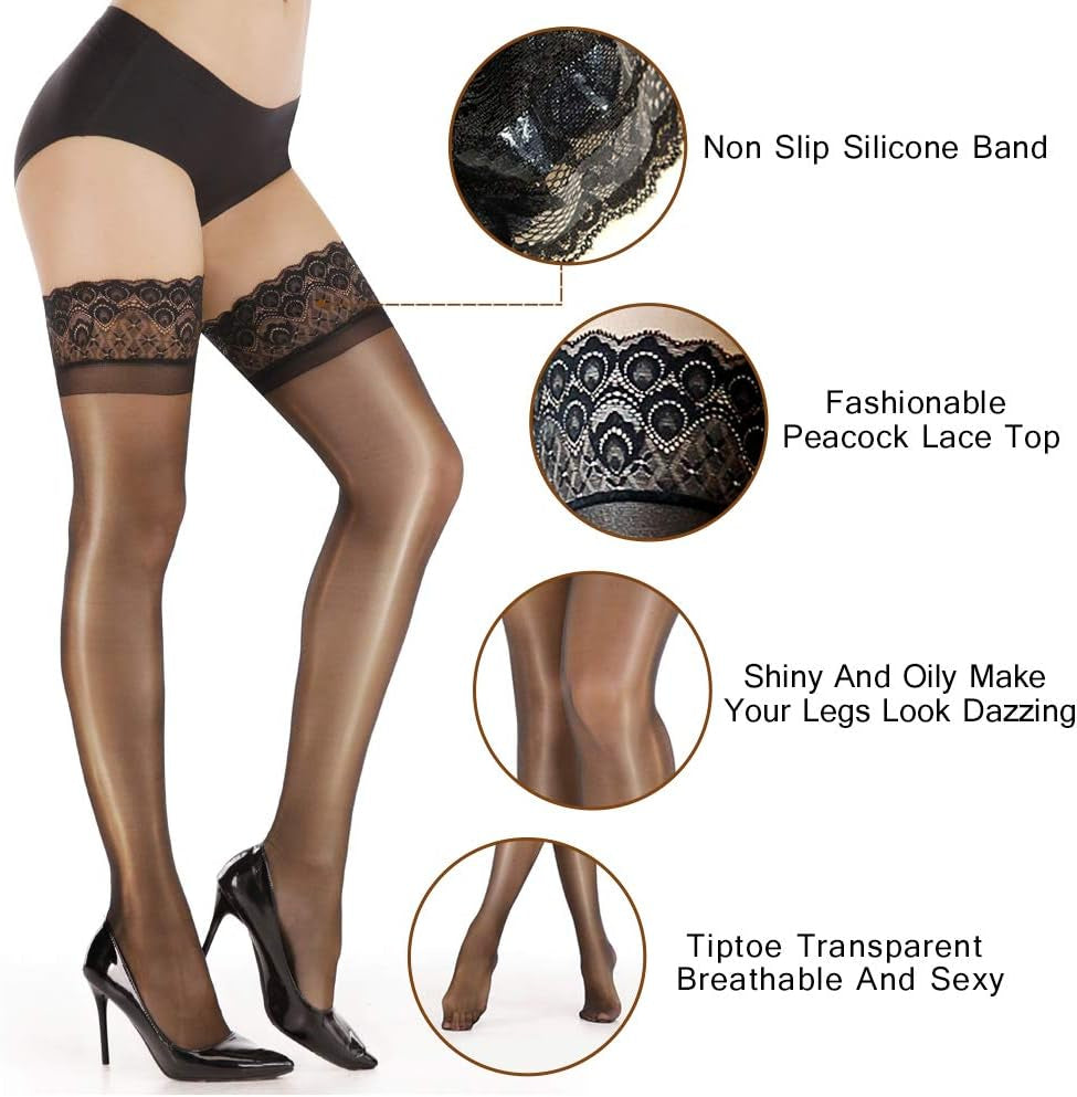 Nylon Shiny Thigh High Stockings,Sheer Shimmery Tights with Lace Top,Hold up Silk Pantyhose for Women