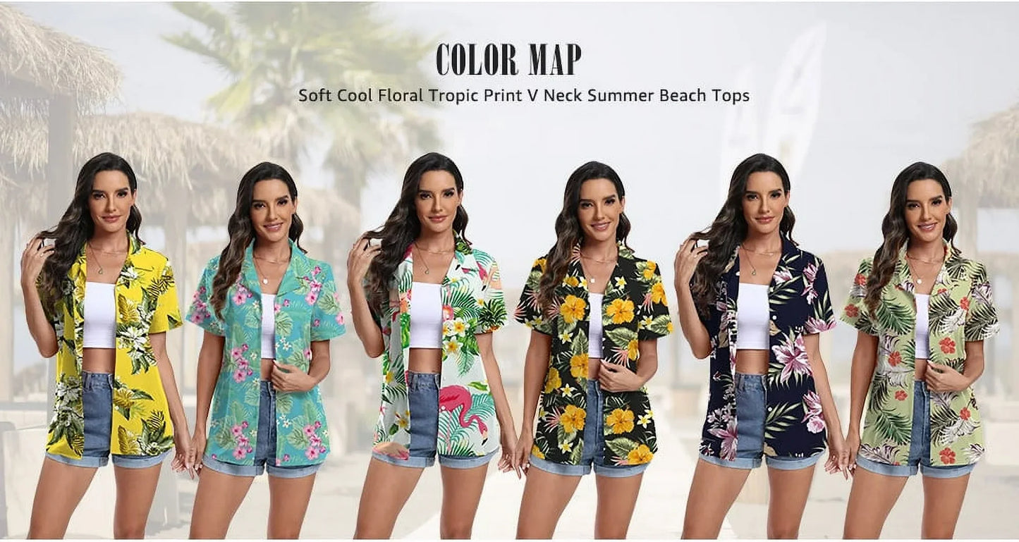 Women'S Hawaiian Floral Shirts Short Sleeve Button down Shirts Soft Cool Floral Tropical Holiday Beach Shirts V Neck Summer Beach Tops T-Shirt,S Green Leaf Black