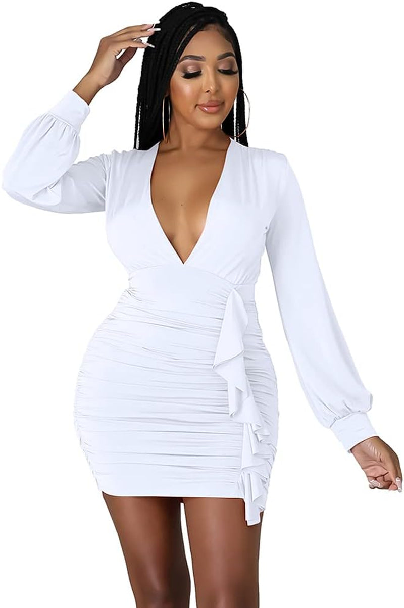 Womens Sexy Elegant V Neck Long Sleeve Lantern Puff Sleeve Spring Fall Ruched Ruffle Bandage Bodycon Club Party Night Short Mini Dresses (8110-White,Xl)