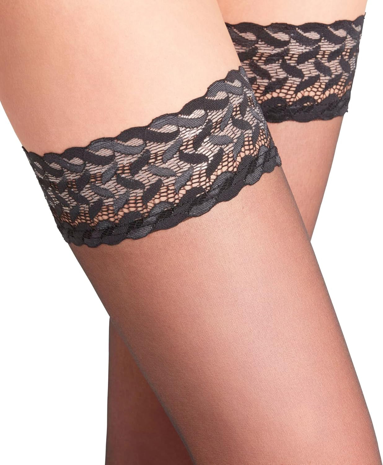 Women'S Shelina 12 Denier Thigh Highs, Modern Lace Trim with Non Slip Grips, Ultra-Sheer Transparent, Nylon