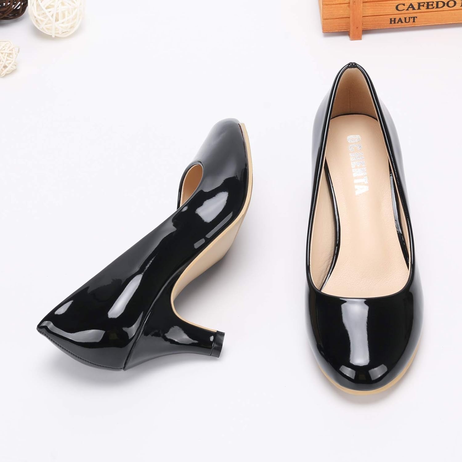 Women'S Low Kitten Heels round Toe Slip on Comfort Dress Shoes Pumps Patent Leather Black 11