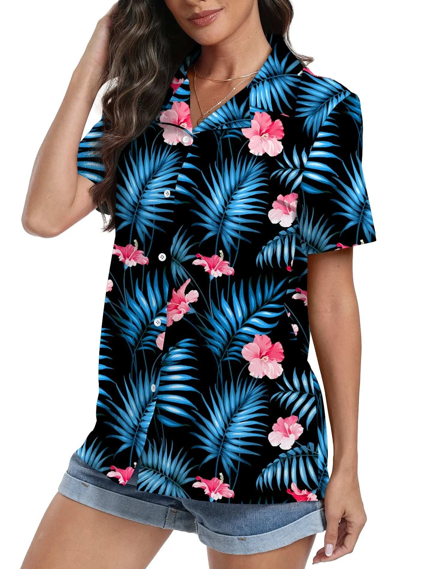 Women'S Hawaiian Floral Shirts Short Sleeve Button down Shirts Soft Cool Floral Tropical Holiday Beach Shirts V Neck Summer Beach Tops T-Shirt,S Green Leaf Black
