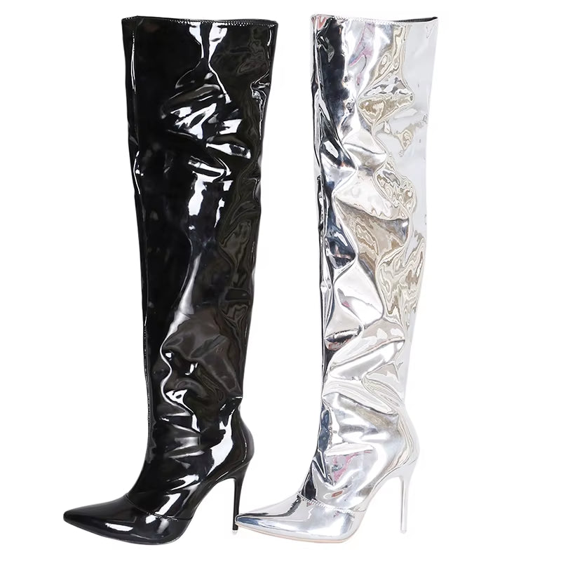 Women Sexy Silver Mirror Thigh High Boots T Show Pointy Toe Club Party Shoes Thin High Heels over the Knee Long Boots for Women