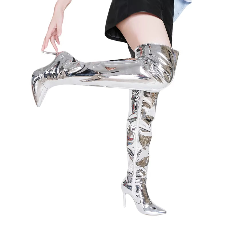 Women Sexy Silver Mirror Thigh High Boots T Show Pointy Toe Club Party Shoes Thin High Heels over the Knee Long Boots for Women