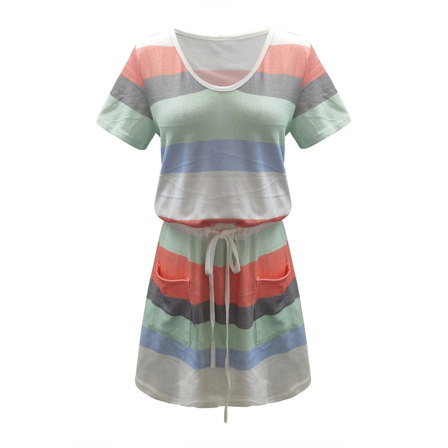 Usmixi Formal Dresses for Women Fashion Elastic Waist Adjustable Drawstring Pocket Short Dresses Crewneck Short Sleeve Striped Print Summer Mini Dress Mint Green S