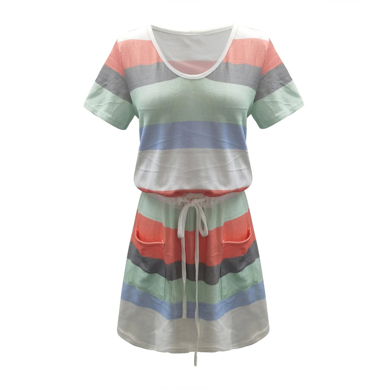 Usmixi Formal Dresses for Women Fashion Elastic Waist Adjustable Drawstring Pocket Short Dresses Crewneck Short Sleeve Striped Print Summer Mini Dress Mint Green S
