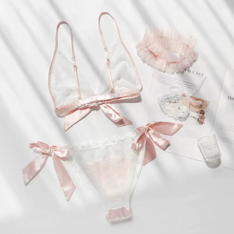 Japanese Underwear Set Women Bra Panty Underwear Suit Wire Free Satin Bra Shorts Set Lingerie Women Brassiere Bra and Panty Set