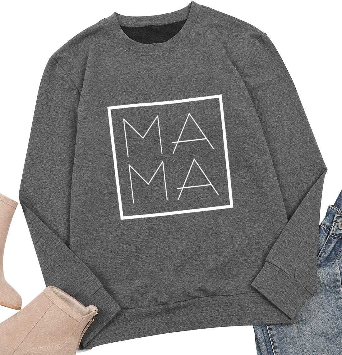 Mama Sweatshirt Women Mama Letter Print Graphic T Shirt Long Sleeve Casual Fashion Pullover Tops Dark Grey