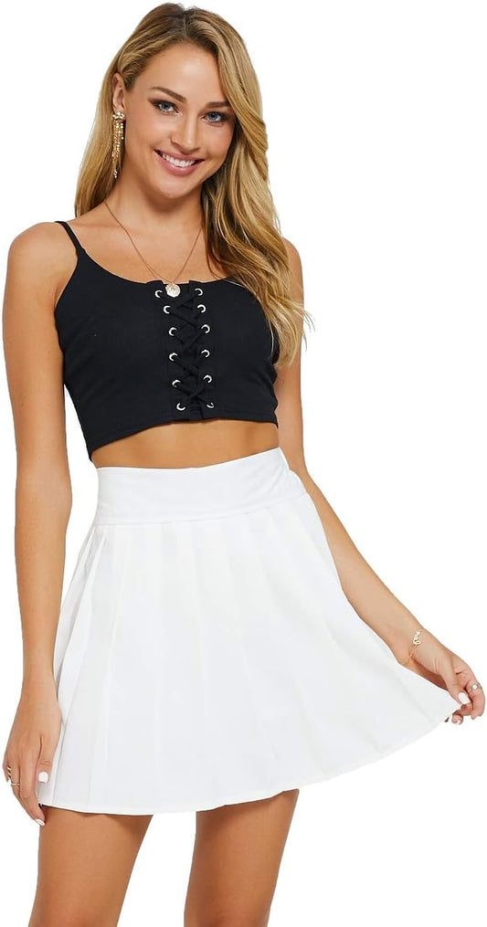 Womens High Waisted Skater Skirt Pleated A-Line Skirt (XL/US 10, White)