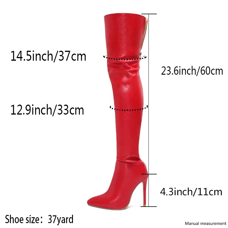 High Heels Red Women over the Knee Boots with Back Zip Pointed Toe Big Size 46 Stiletto Thigh High Boots Lady Shoes