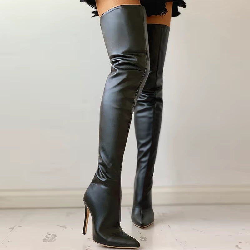 High Heels Red Women over the Knee Boots with Back Zip Pointed Toe Big Size 46 Stiletto Thigh High Boots Lady Shoes