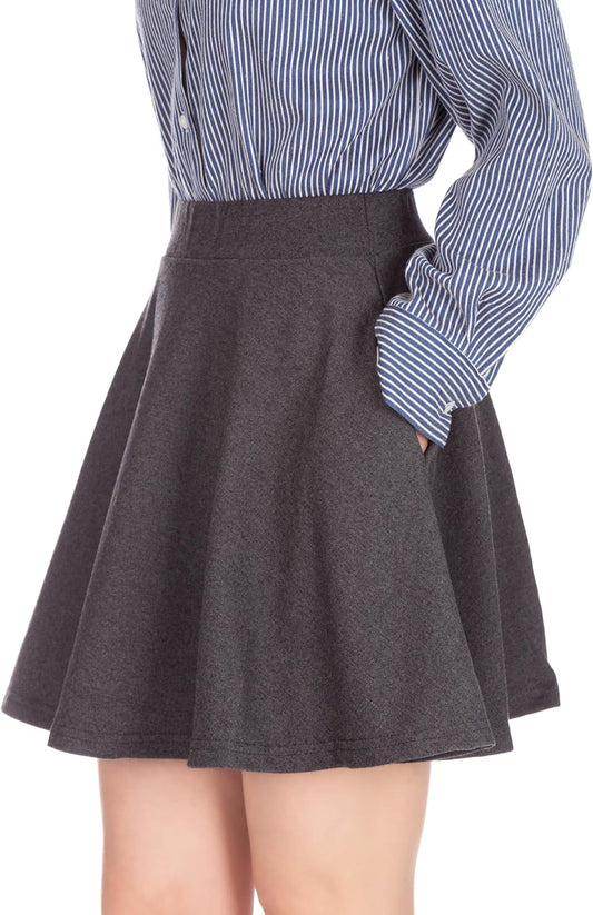 Basic Solid Stretchy Cotton High Waist A-Line Flared Casual Skater Mini Skirt