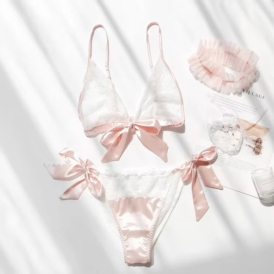 Japanese Underwear Set Women Bra Panty Underwear Suit Wire Free Satin Bra Shorts Set Lingerie Women Brassiere Bra and Panty Set