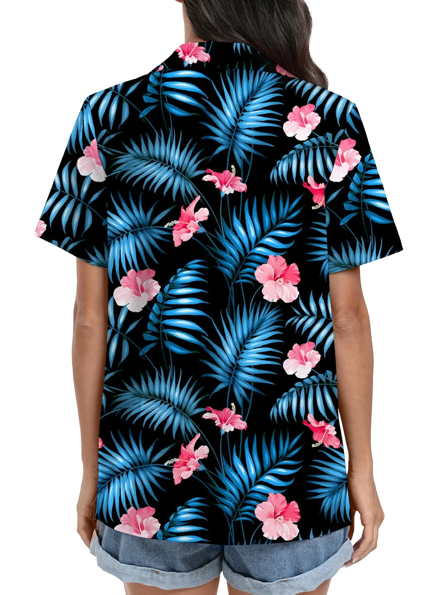 Women'S Hawaiian Floral Shirts Short Sleeve Button down Shirts Soft Cool Floral Tropical Holiday Beach Shirts V Neck Summer Beach Tops T-Shirt,S Green Leaf Black