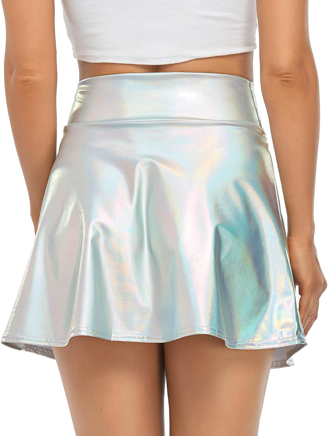 Women'S Sparkly Flared Pleated Mini Skirt Shiny Skater Skirt Metallic