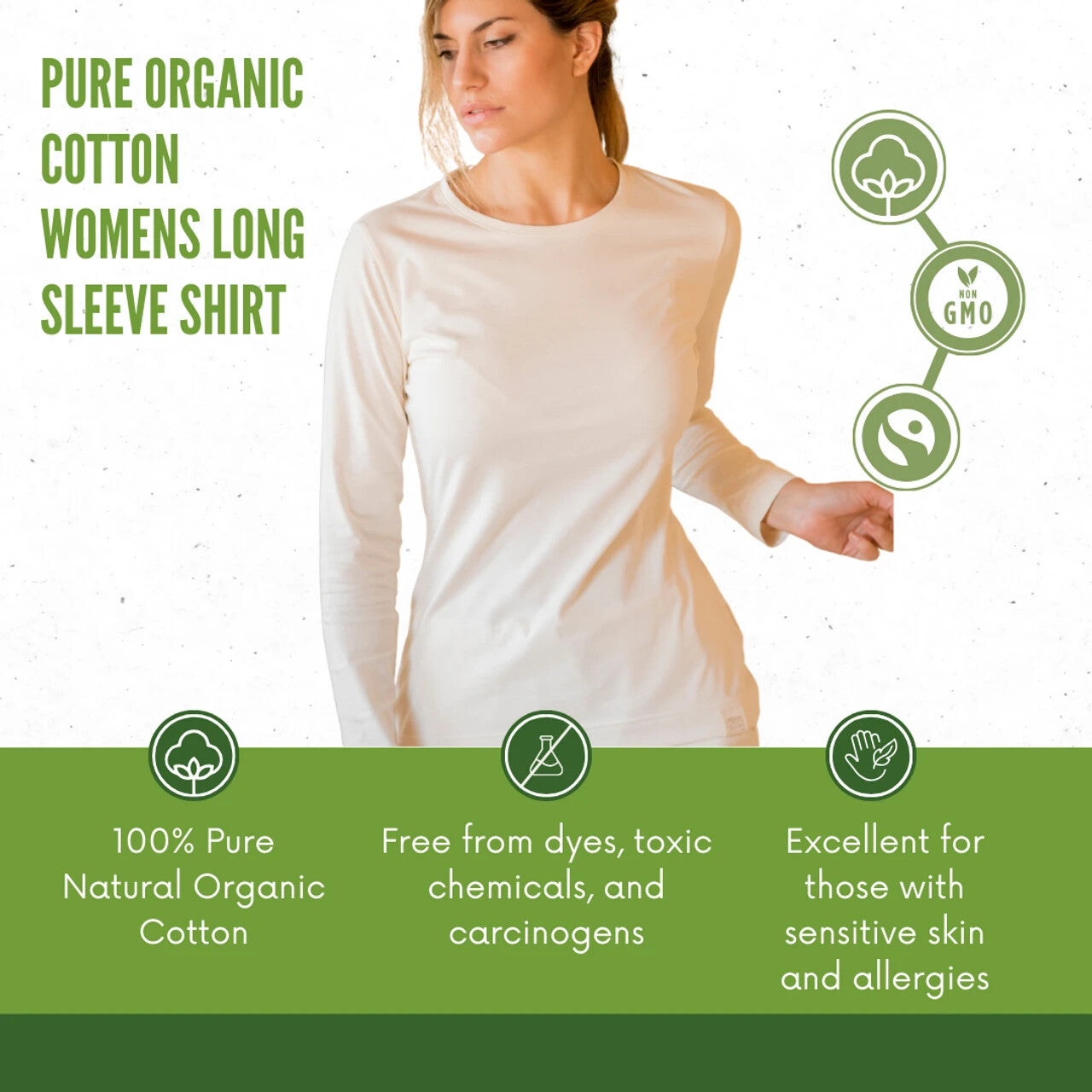 100% Organic Cotton Womens Shirt Long Sleeved Dye Free No Chemicals Size Medium